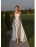 Strapless Ivory Satin Pleated Slit Wedding Dress